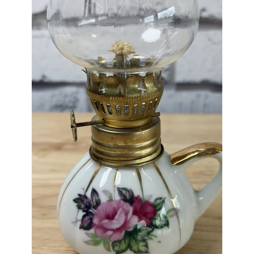 Napco China Rosebud Oil Lamp Finger Lamp Gold 8” Mini Hurricane Lamp Unused Vtg